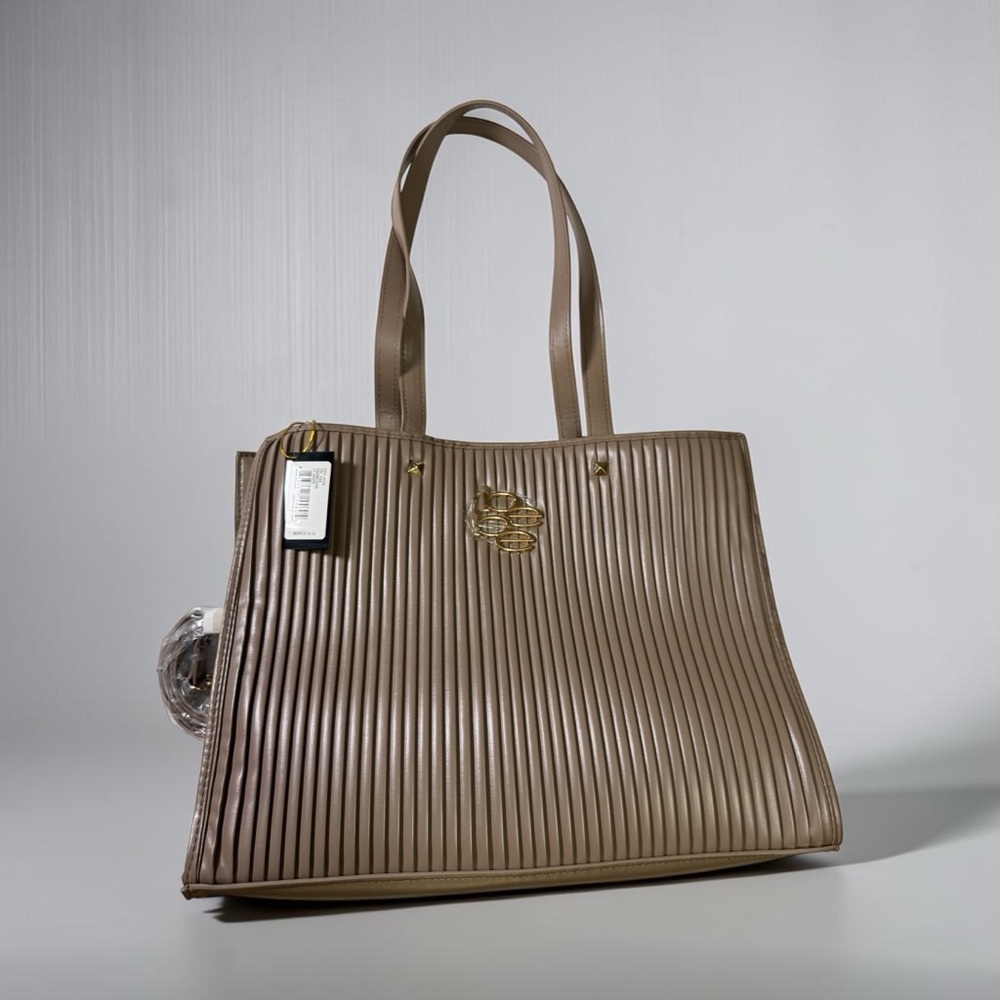 bebe Taupe Ribbed Tote with Gold Emblem